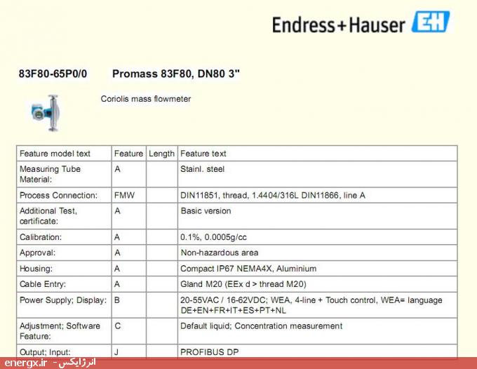 مشخصات فنی فلومتر کوریولیس اندرس هاوزر مدل Promass 83F80-AFMWAAAAABCJ, DN80 3